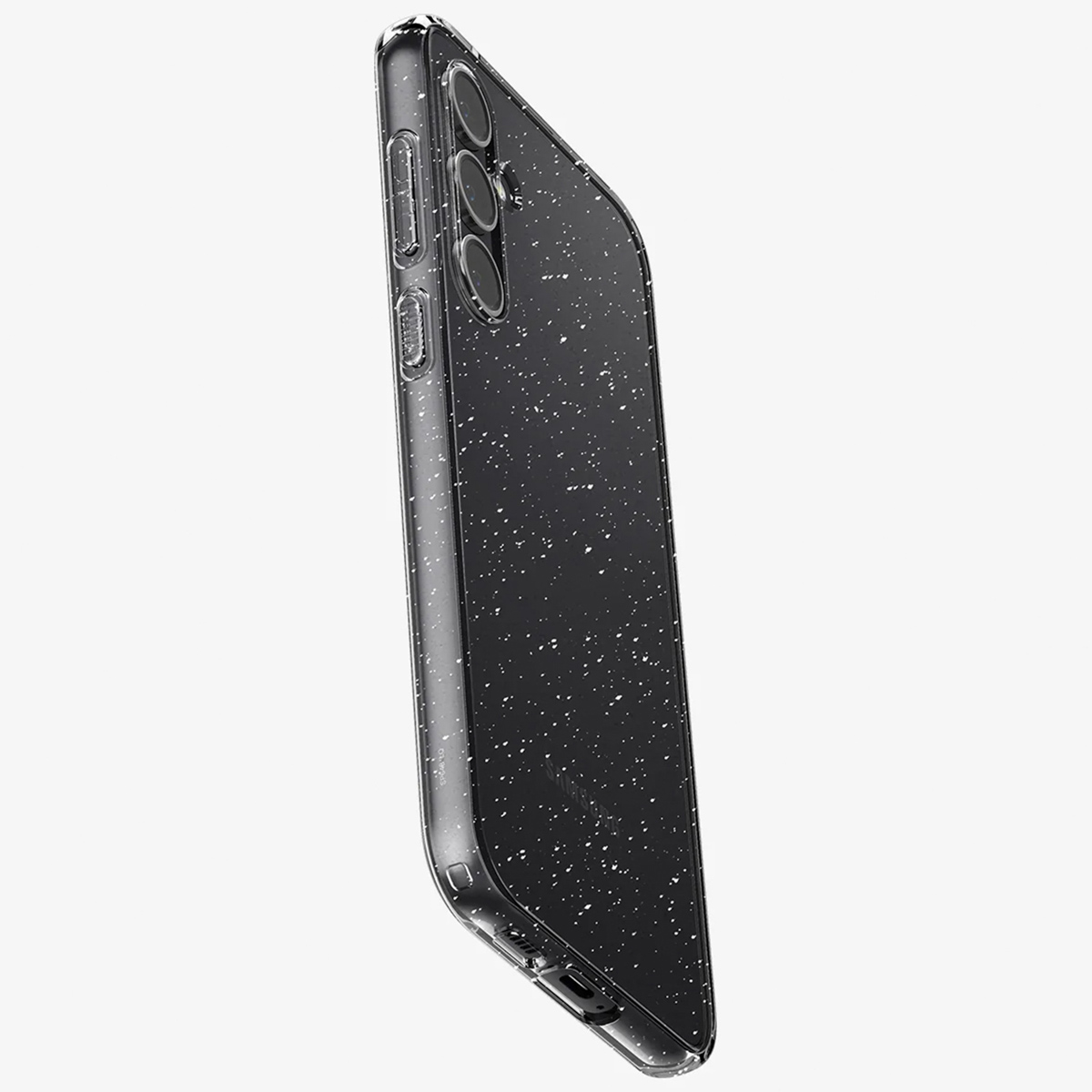 Przezroczyste etui na telefon z czarnym, nakrapianym tyłem i widocznymi przyciskami.