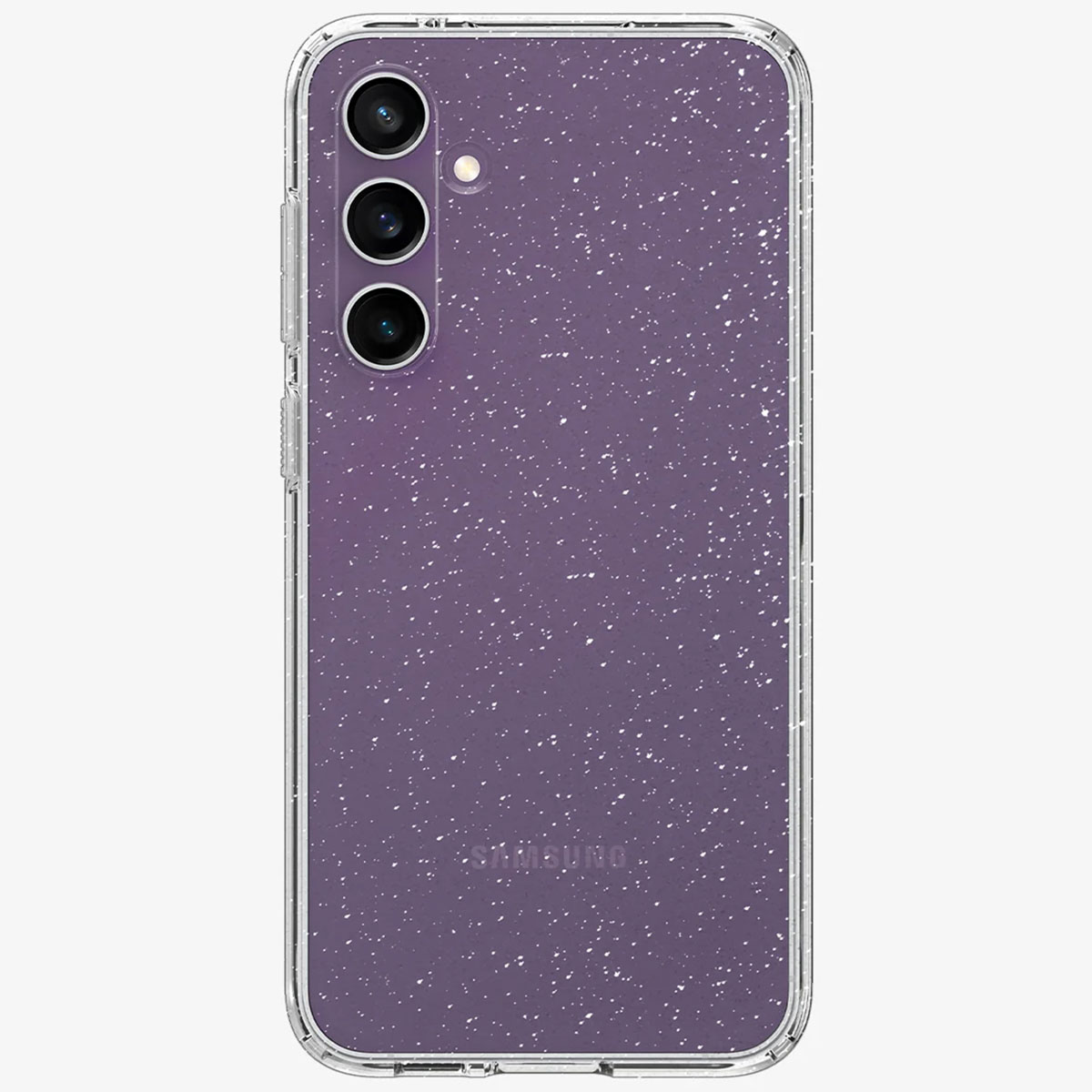 Fioletowe etui na telefon z efektem brokatu i trzema aparatami.