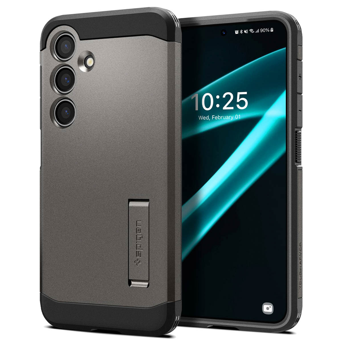 Un téléphone dans un étui gris avec un support, l'écran affiche l'heure et la date, avec un fond sombre.