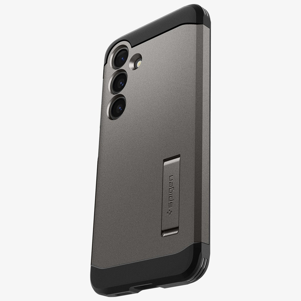 Téléphone dans un étui avec béquille. Le téléphone a une palette de couleurs grise et noire.