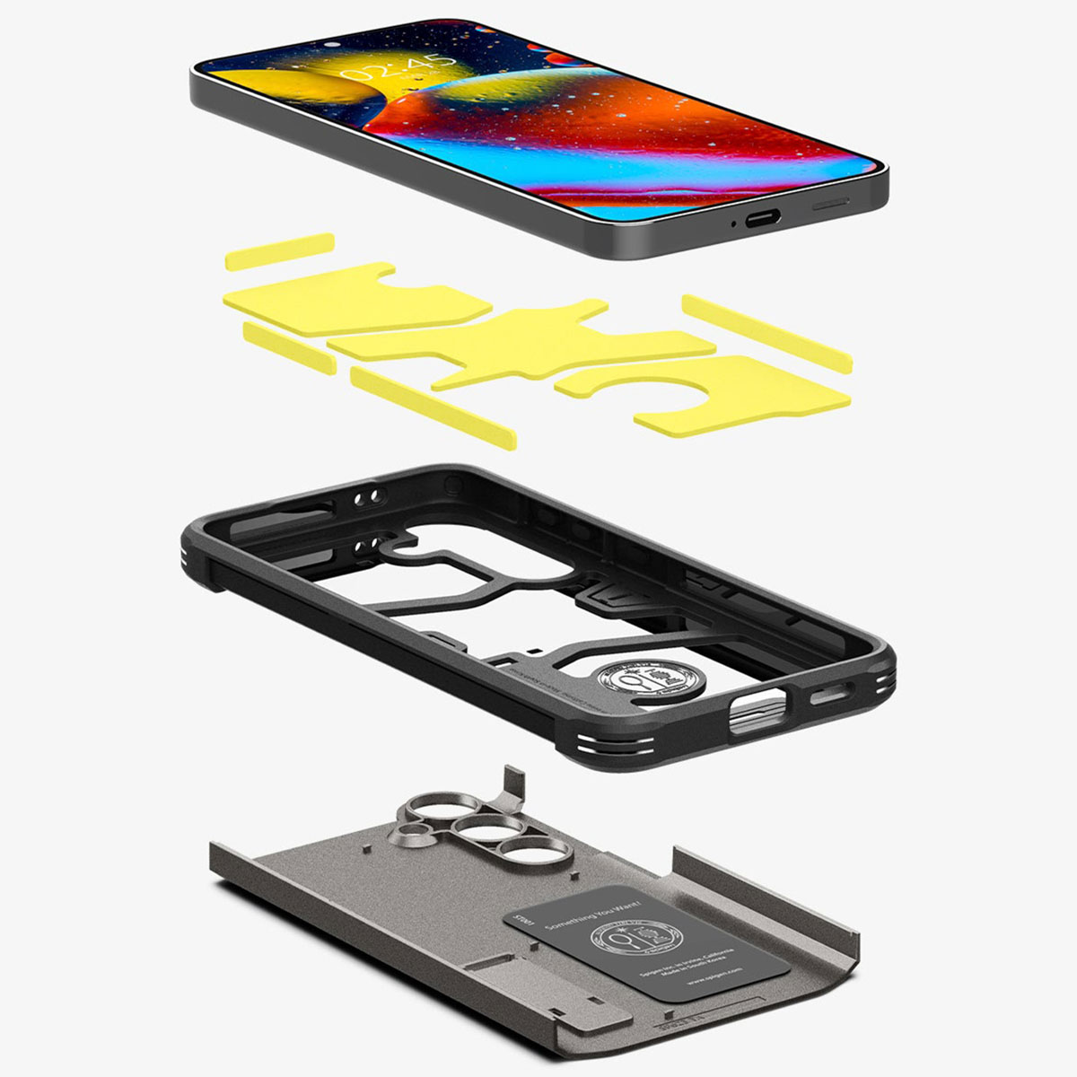 Téléphone démonté. Comprend un téléphone, des autocollants jaunes et une coque noire.