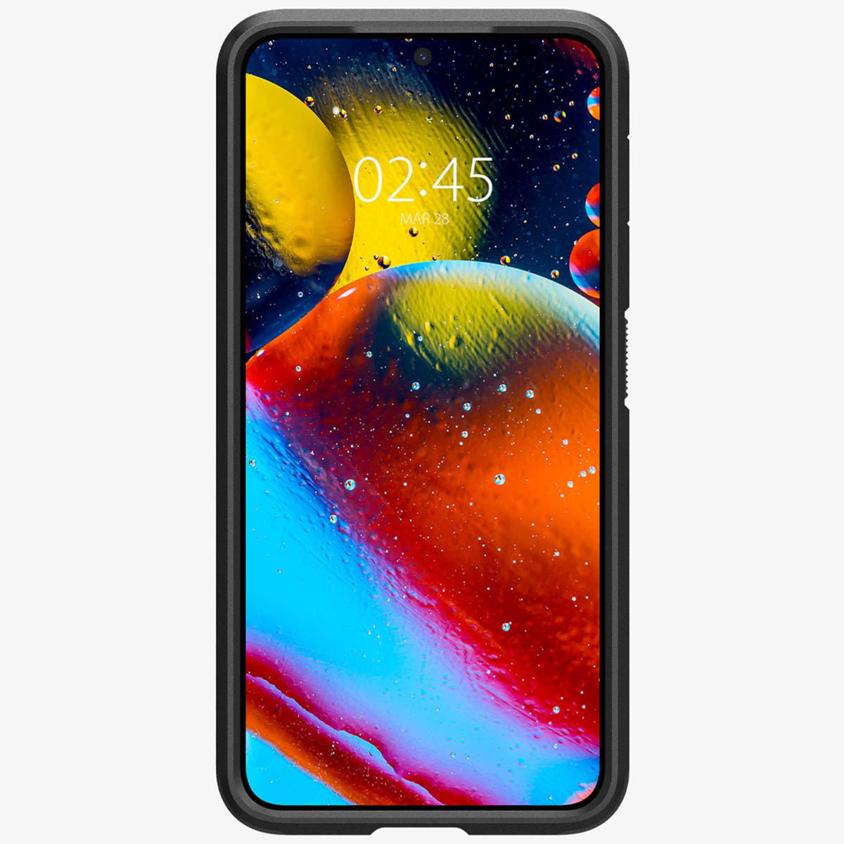 Téléphone dans un étui affiche un fond abstrait coloré.