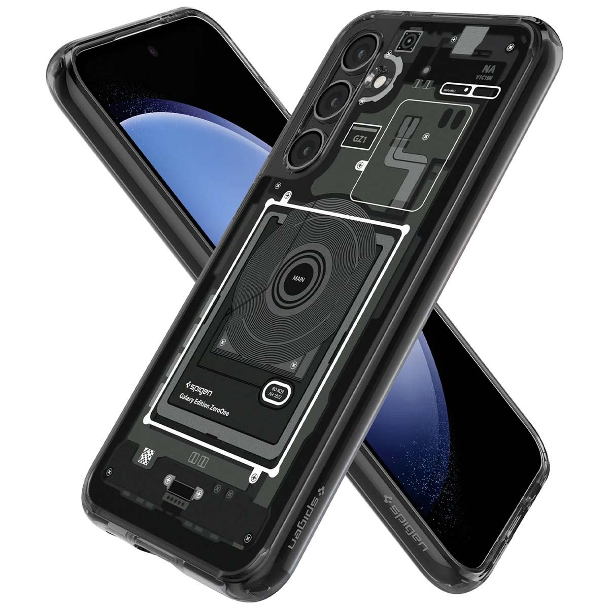Transparante telefoonhoes met een telefoon erin. Witte achtergrond.
