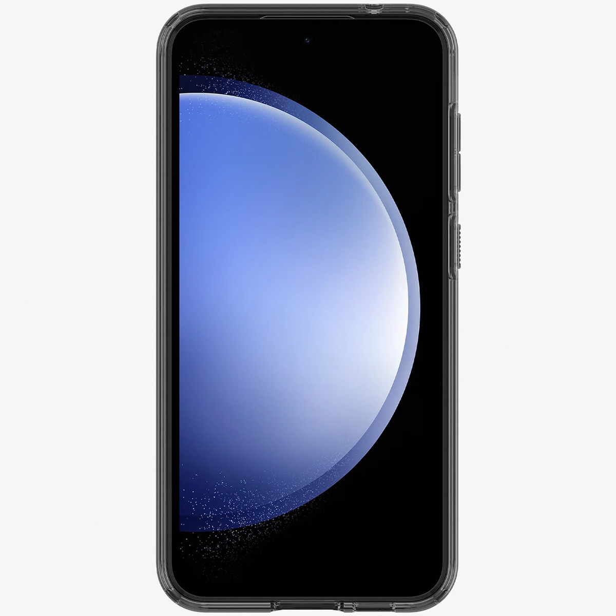 Een telefoon in een doorzichtige hoes. Het scherm toont een blauw en wit ontwerp. Een camera bevindt zich bovenaan.