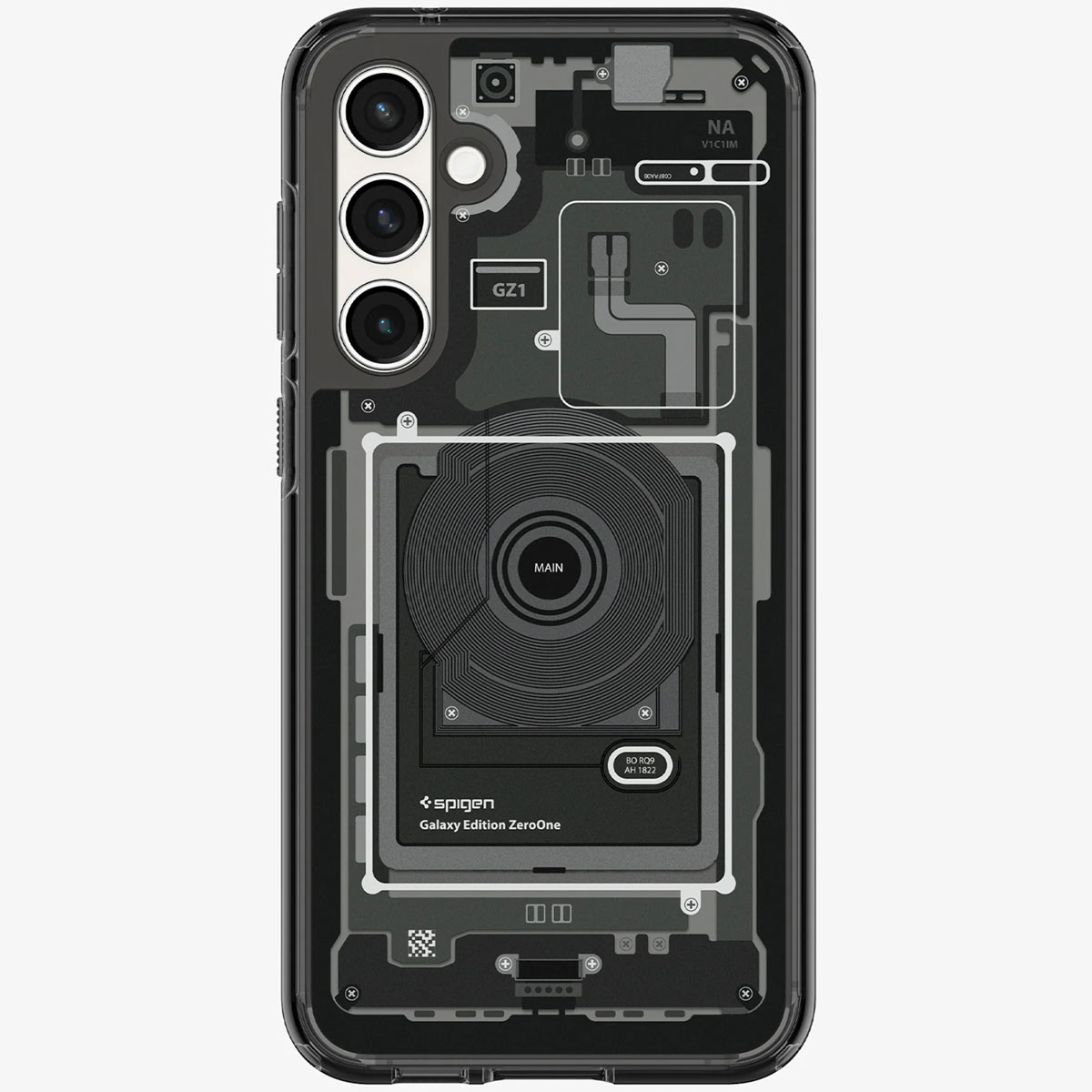 Transparante telefoonhoes met zicht op de interne onderdelen van de telefoon. Witte achtergrond met Spigen-logo.