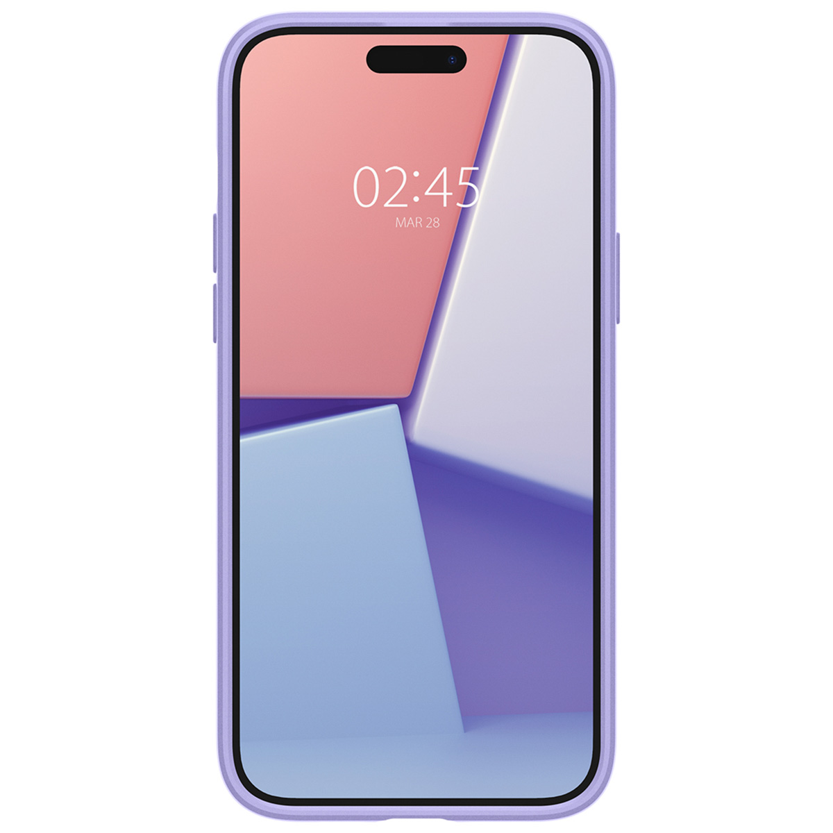 Paarse telefoonhoes op een telefoon met een kleurrijk display, met tijd en datum.