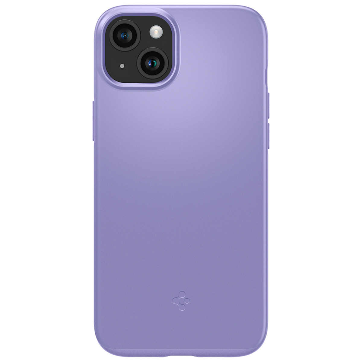 Paarse telefoonhoes voor een iPhone. Het heeft twee cameralenzen op een paarse achtergrond. Het logo van Spigen staat onderaan.
