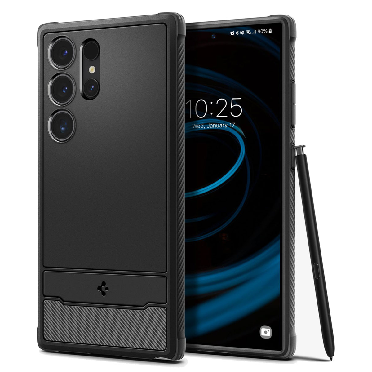 Zwarte telefoonhoes met zwarte telefoon erin. Een stylus leunt tegen de telefoon.