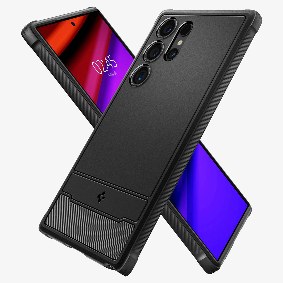 Twee telefoons in zwarte hoesjes, één met een tijdweergave en de ander met een rode en blauwe achtergrond.