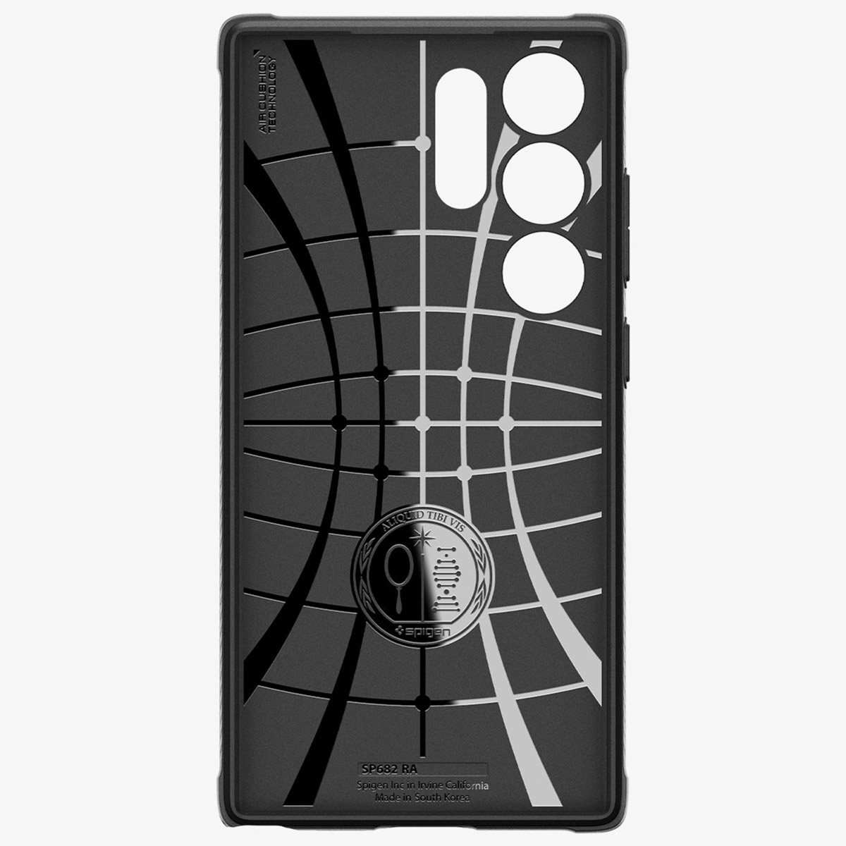 Zwarte achterkant van een telefoonhoesje met een rasterontwerp en logo. De tekst 'Air Cushion Technology' is te zien.