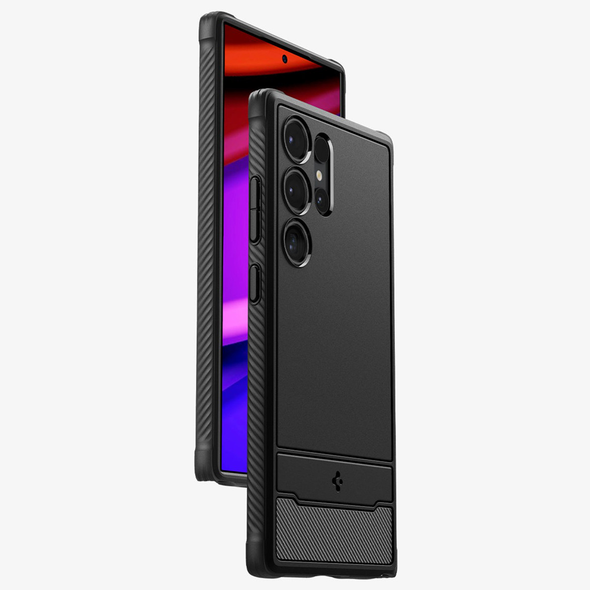 Twee telefoons met hoesjes, één zwart, één op de achterkant, met een getextureerde hoes en een standaard.
