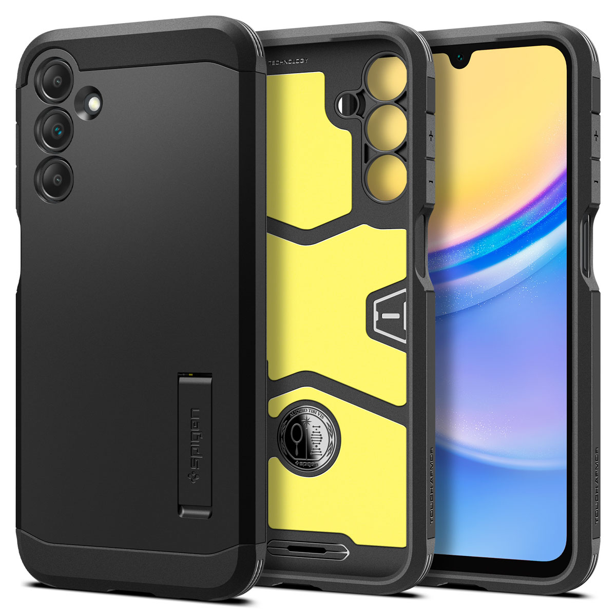 Custodia nera con fotocamere, supporto e telefono visibile.