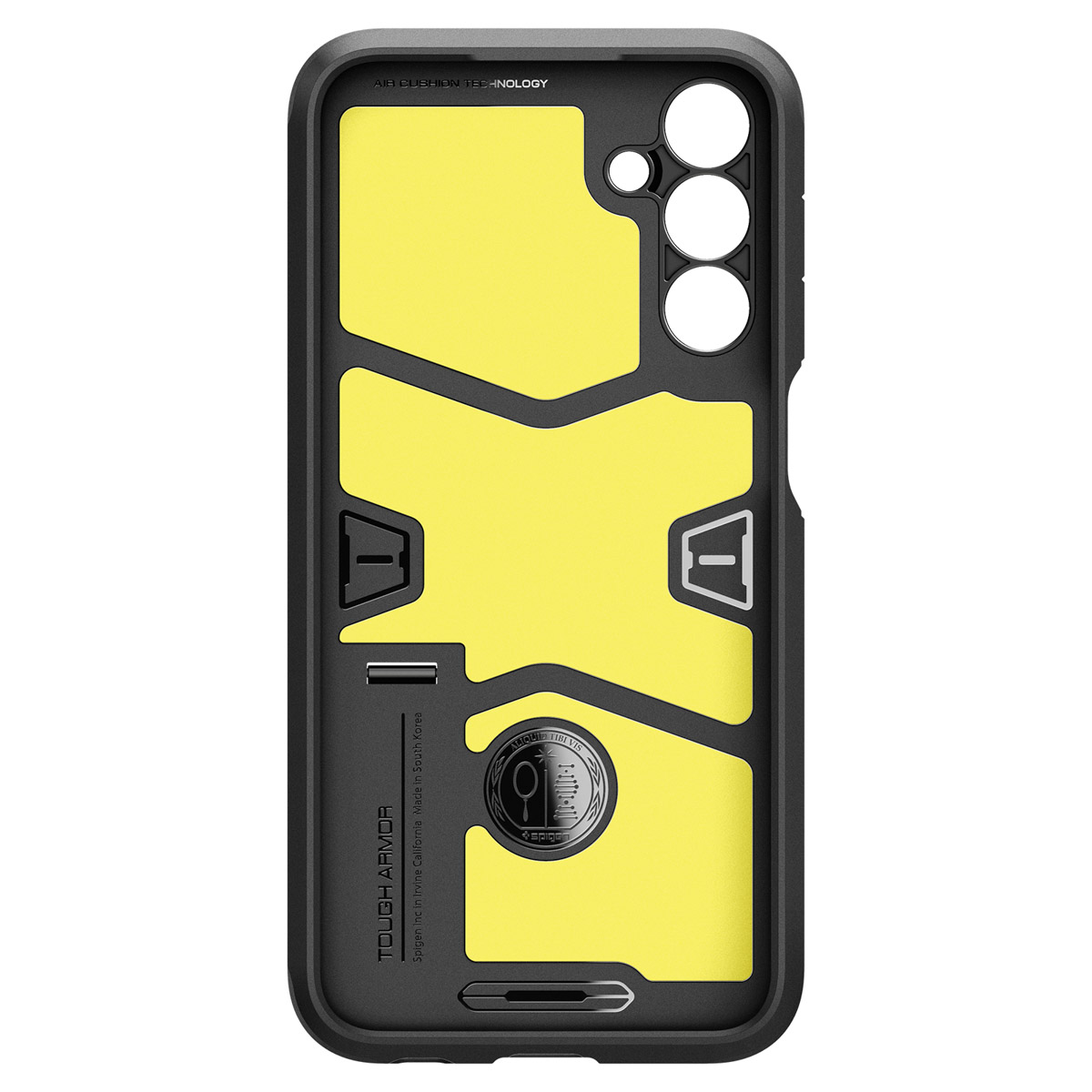 Interno della custodia del telefono con design giallo e nero.