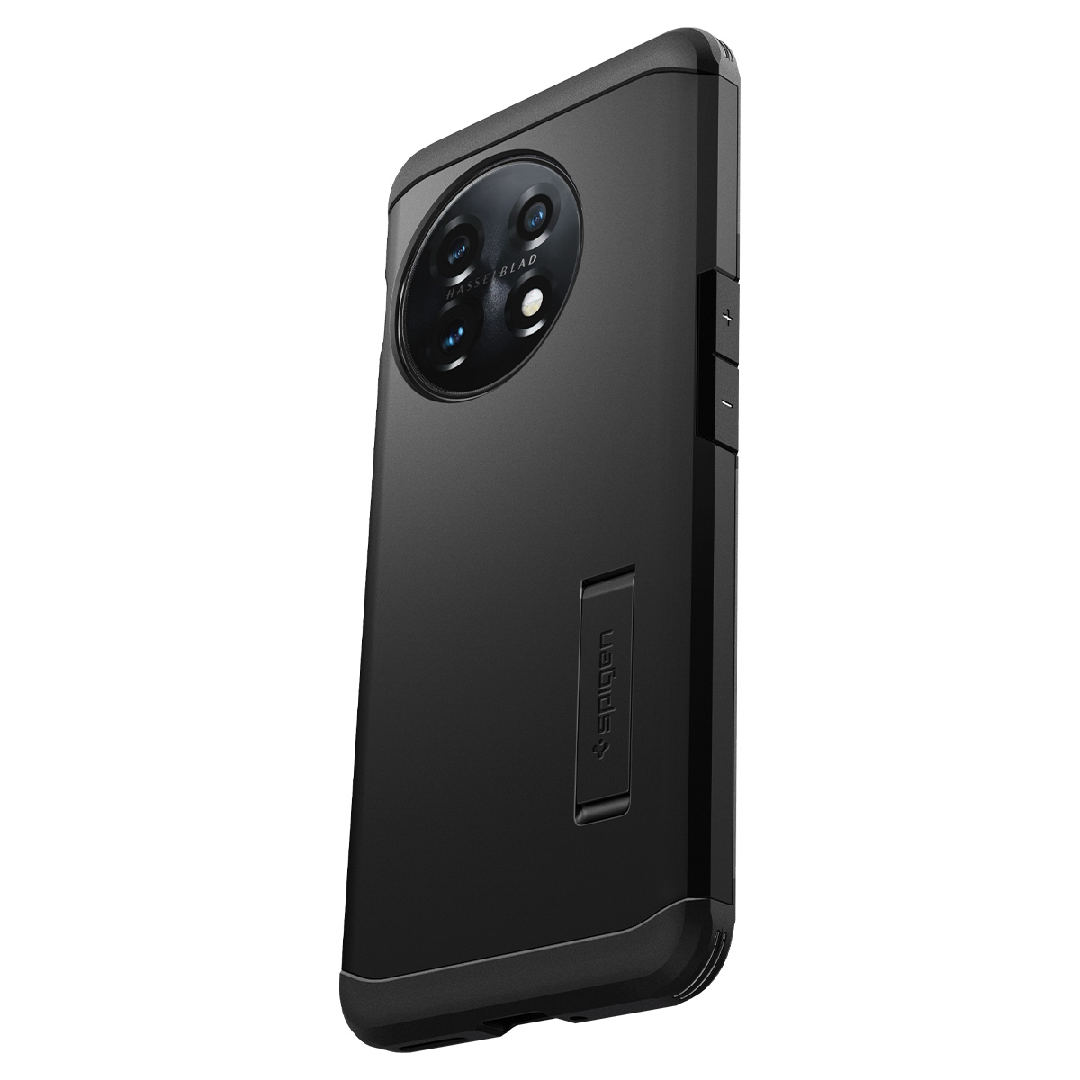 Custodia nera su sfondo bianco, con configurazione della fotocamera sporgente e logo Spigen.