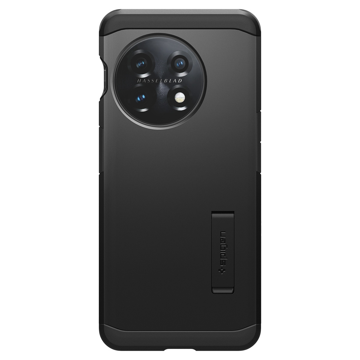 Custodia nera per telefono con ritaglio per fotocamera. Marchio e supporto visibili.