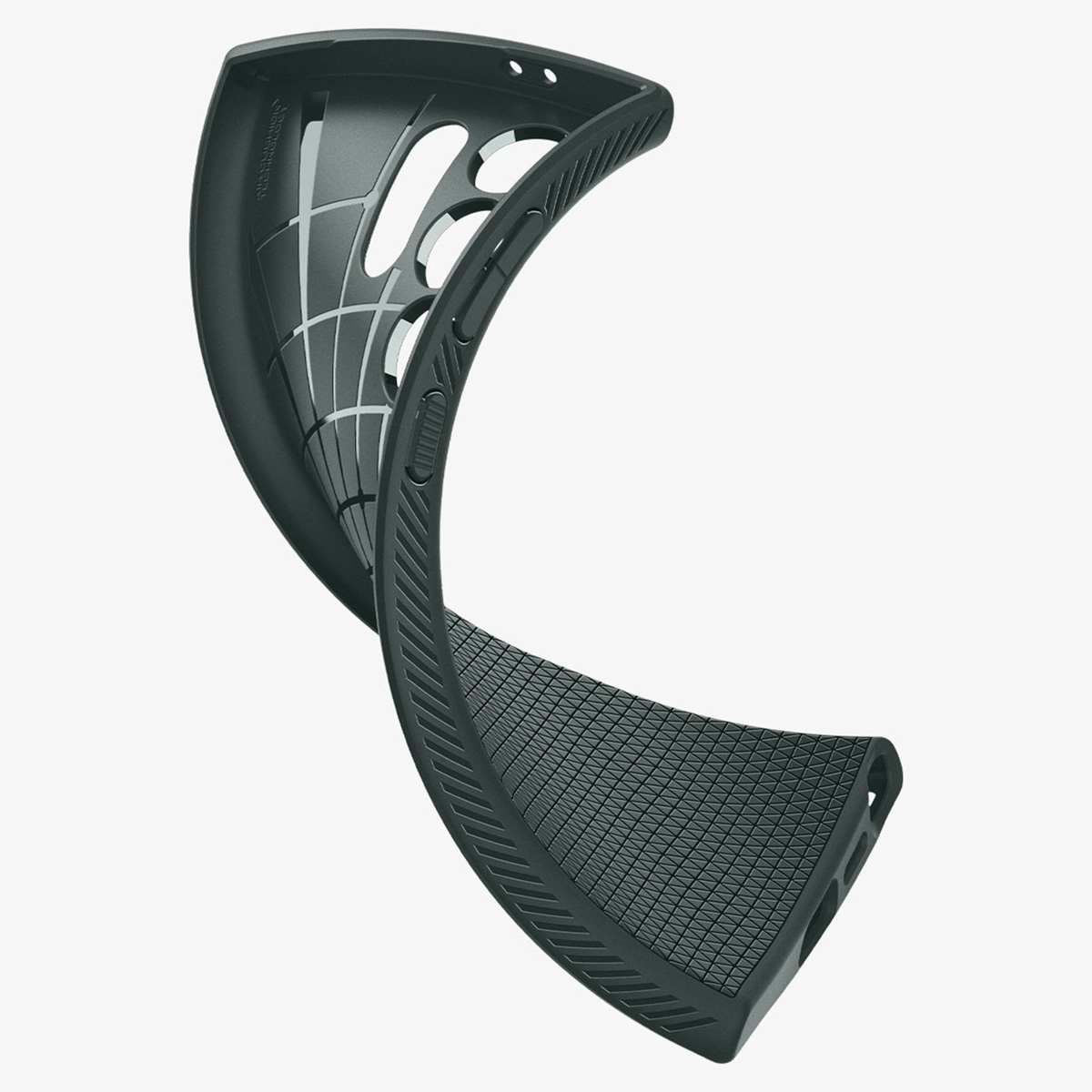Custodia per telefono grigio scuro. Design flessibile e strutturato con più fori.