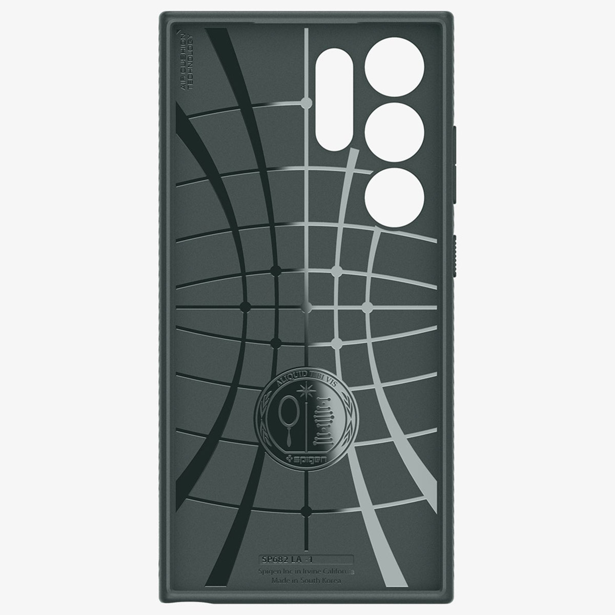 Custodia nera con design a griglia. Logo Spigen visibile.