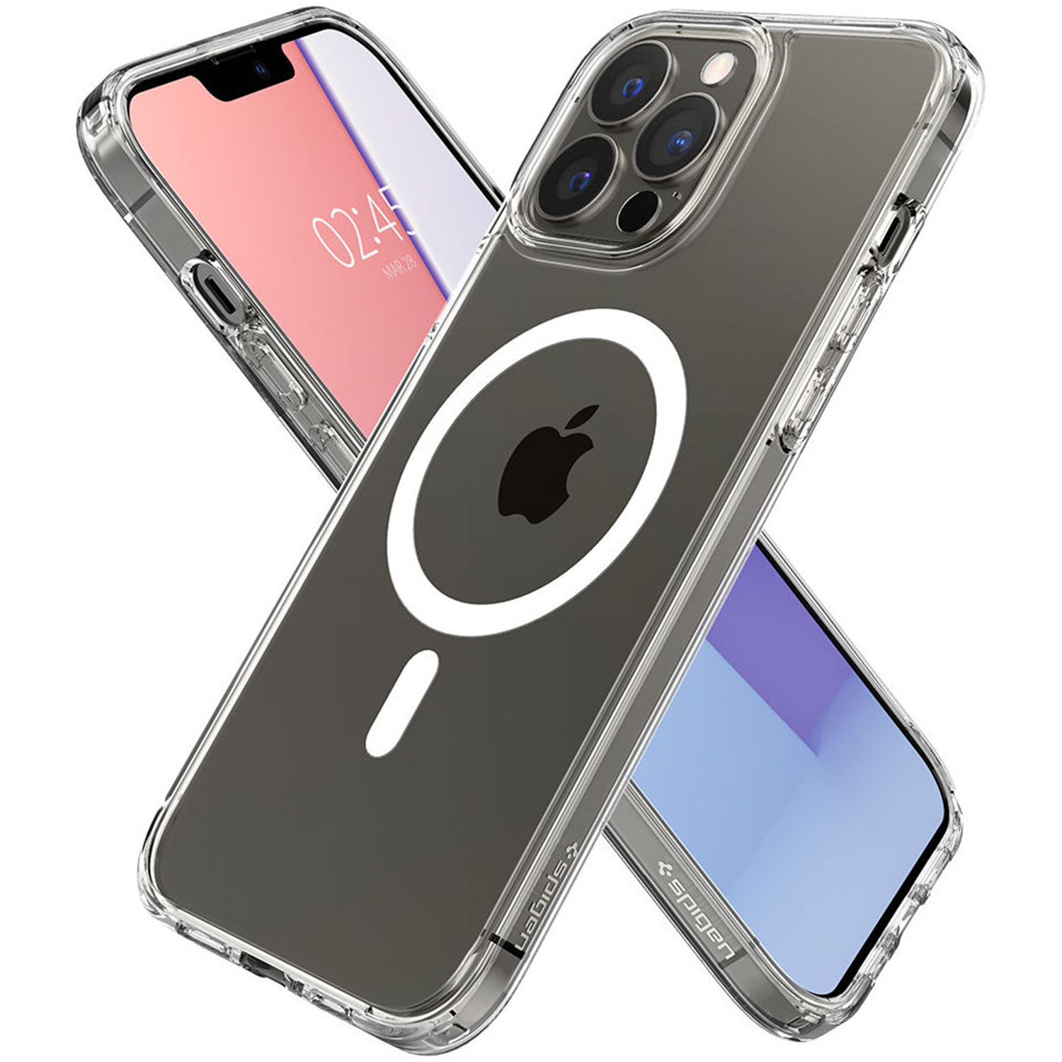 Twee doorzichtige telefoonhoesjes met een telefoon erin. Eén hoesje heeft het Apple-logo en een witte cirkel. De andere toont het scherm.