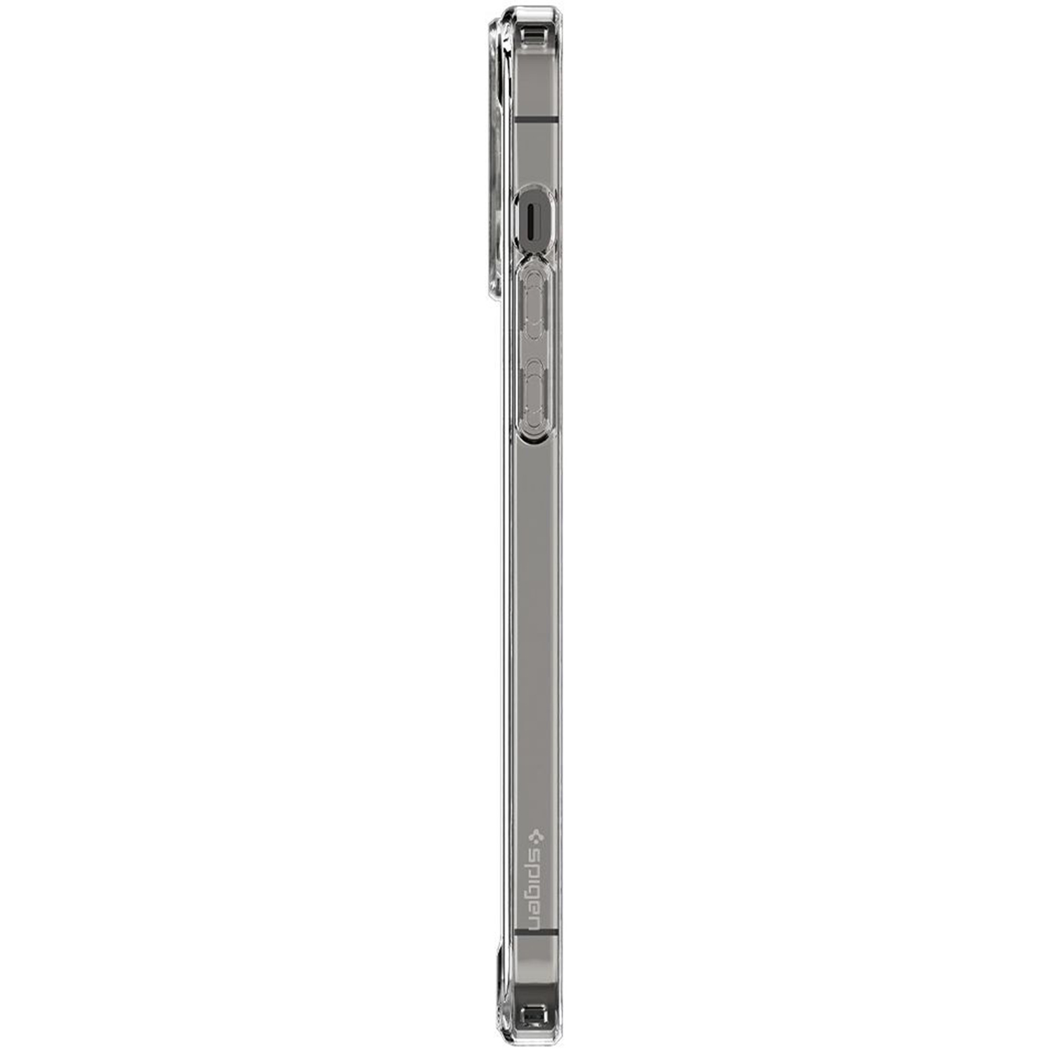 Een doorzichtige telefoonhoes, zijaanzicht. De hoes heeft knoppen en een cameragat. Het 'Spigen'-logo staat onderaan.