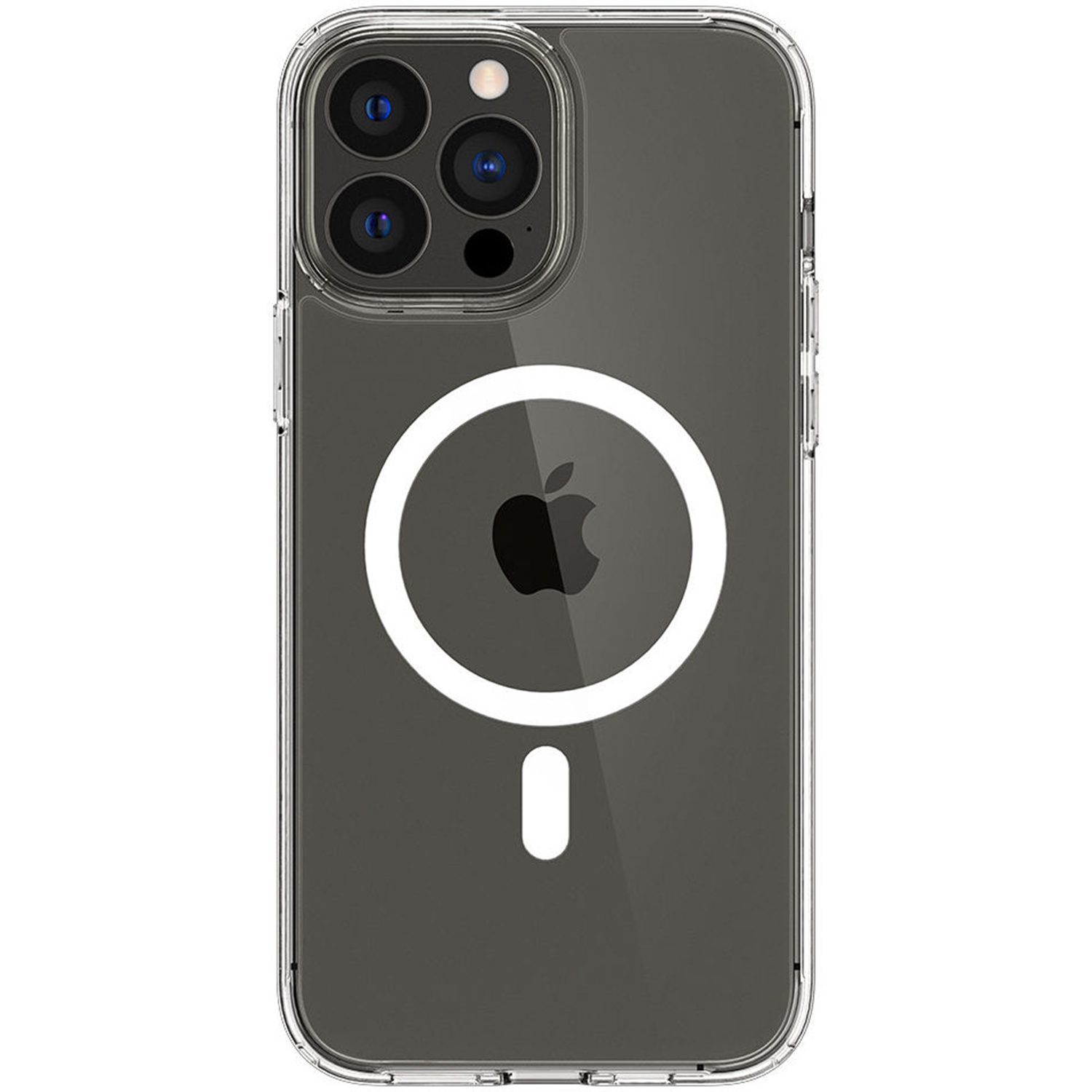 Transparante iPhone case met witte ring en zwart Apple logo. Heeft een camera met drie lenzen.