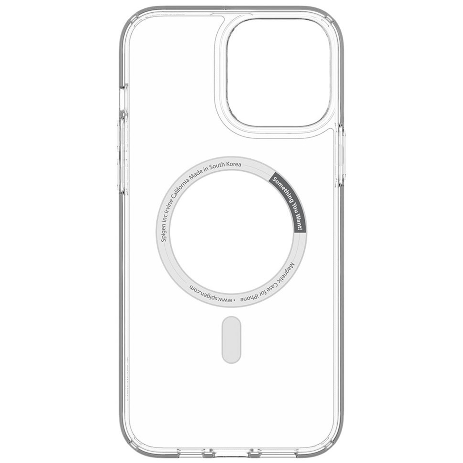 Transparante iPhone-hoes. Het heeft een uitsparing voor de camera, een magnetische ring en het Spigen-logo.