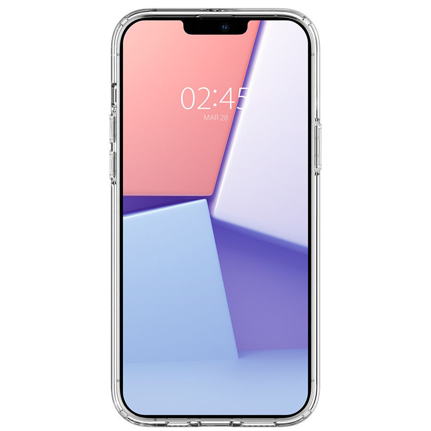 Een smartphonescherm toont een kleurrijke abstracte afbeelding met de tijd 02:45. Het zit in een doorzichtige beschermhoes.