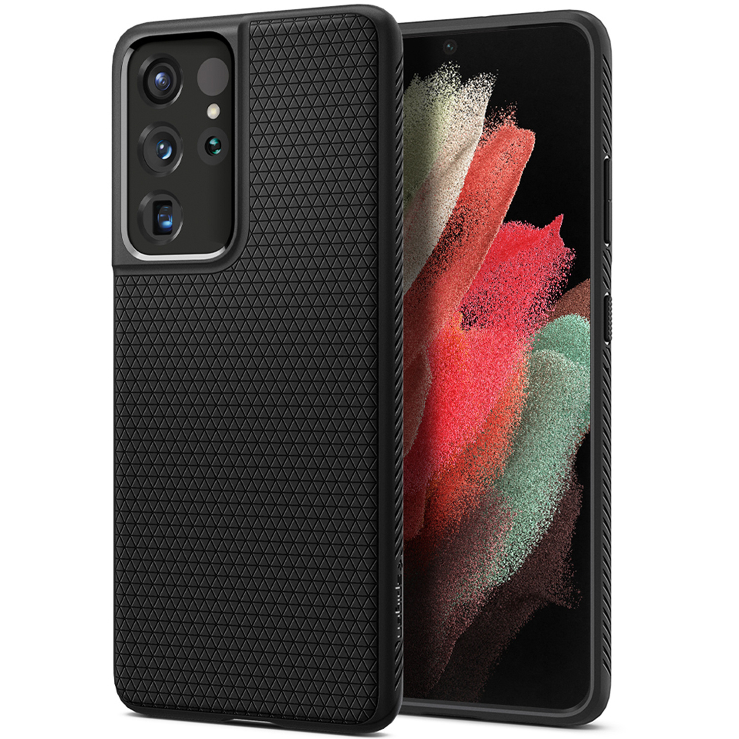 Una custodia nera copre uno smartphone con retro strutturato e pi ù fotocamere.