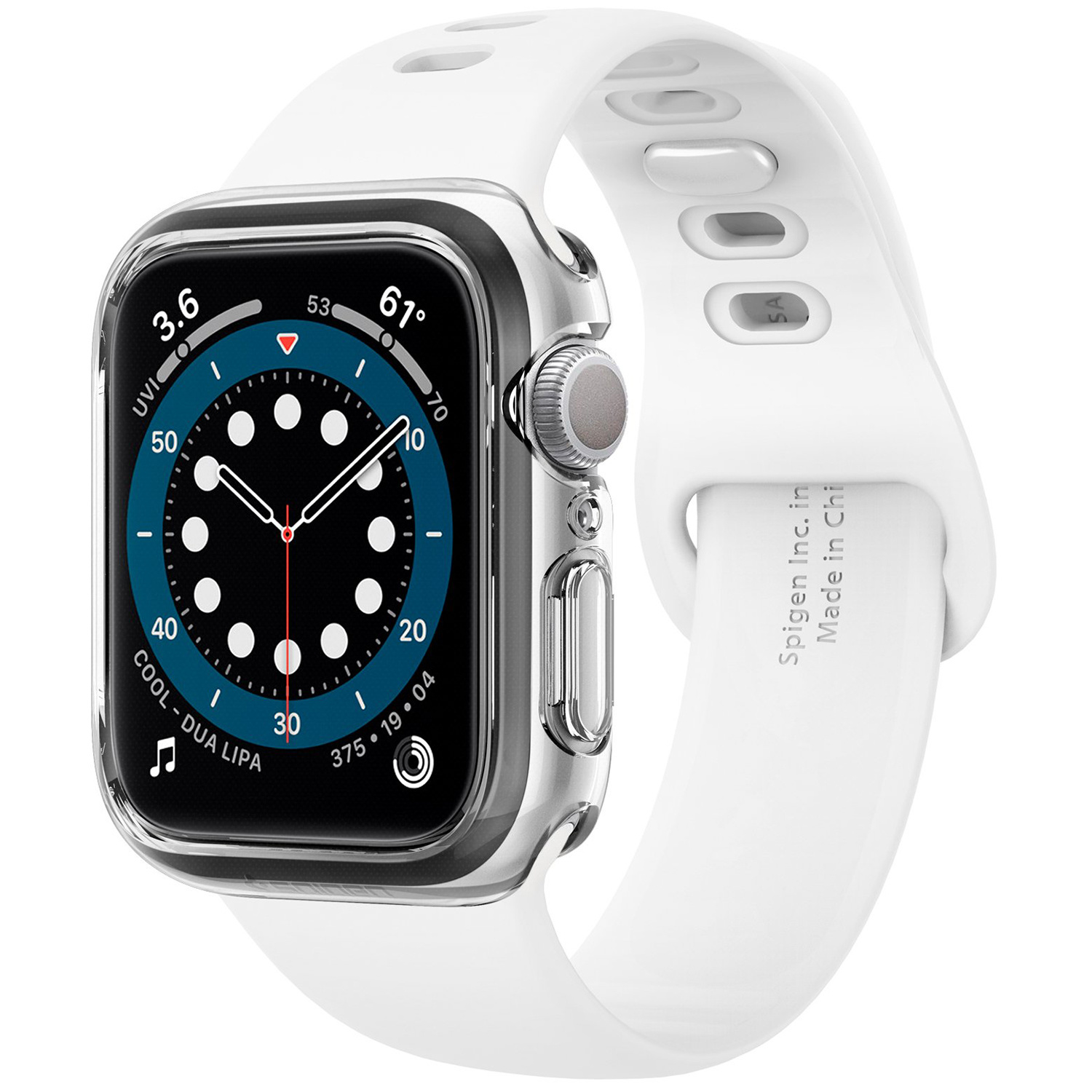 A white Apple Watch with a white band. The screen shows data and a digital clock.