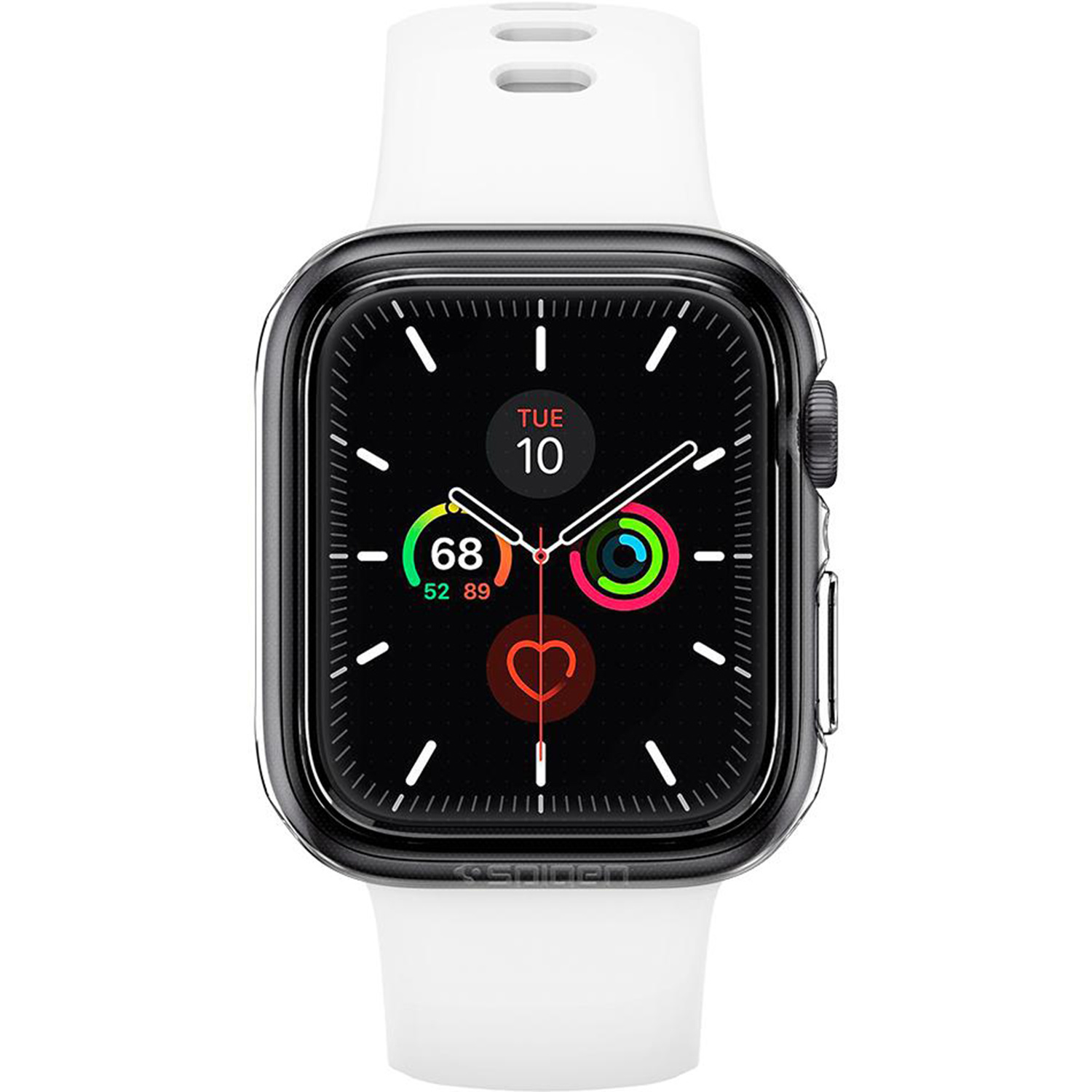 Black smartwatch with a white band. The screen shows the time, date, and a circular heart rate monitor.