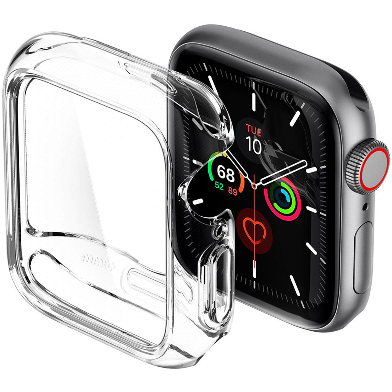 A clear case for an Apple Watch. The watch face is visible.
