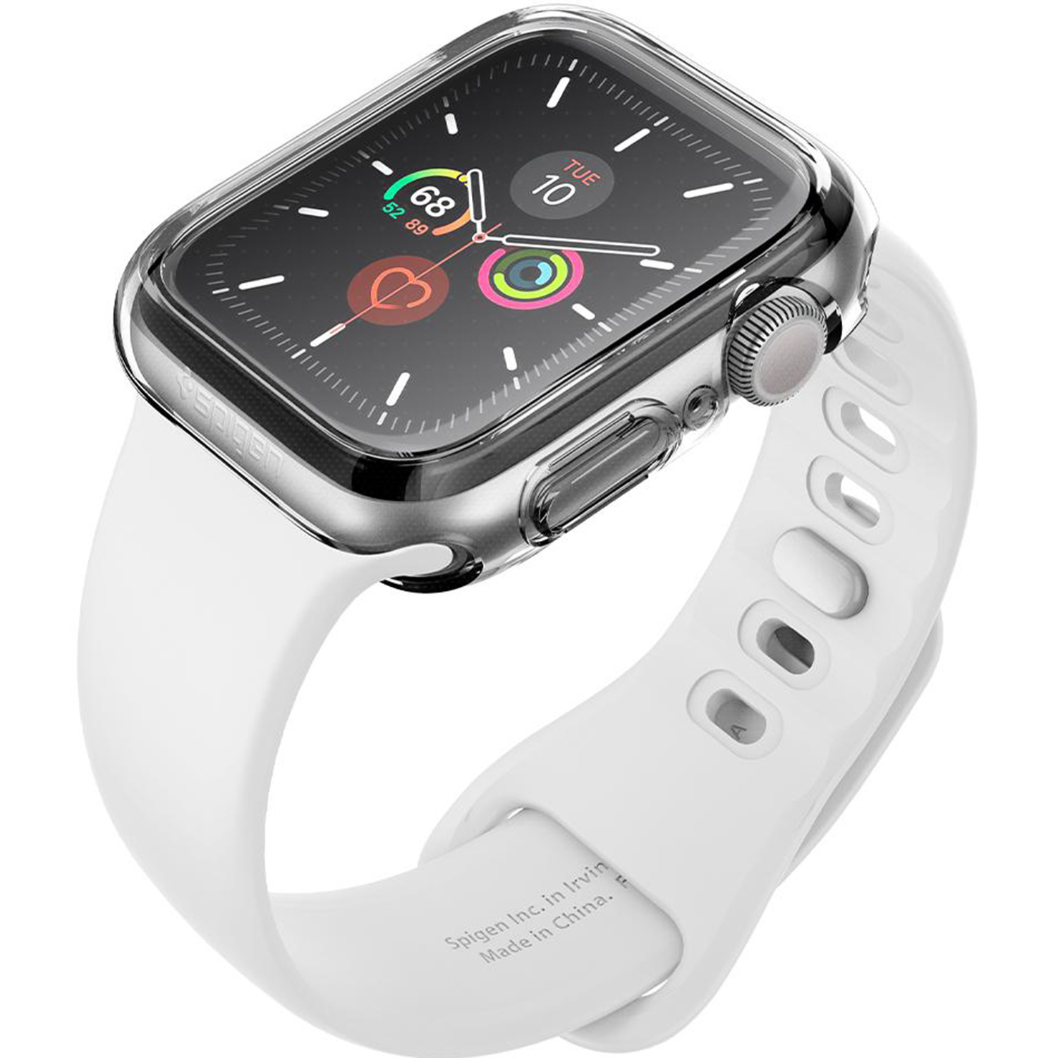 A white smartwatch with a clear case and white band. The screen shows the time.