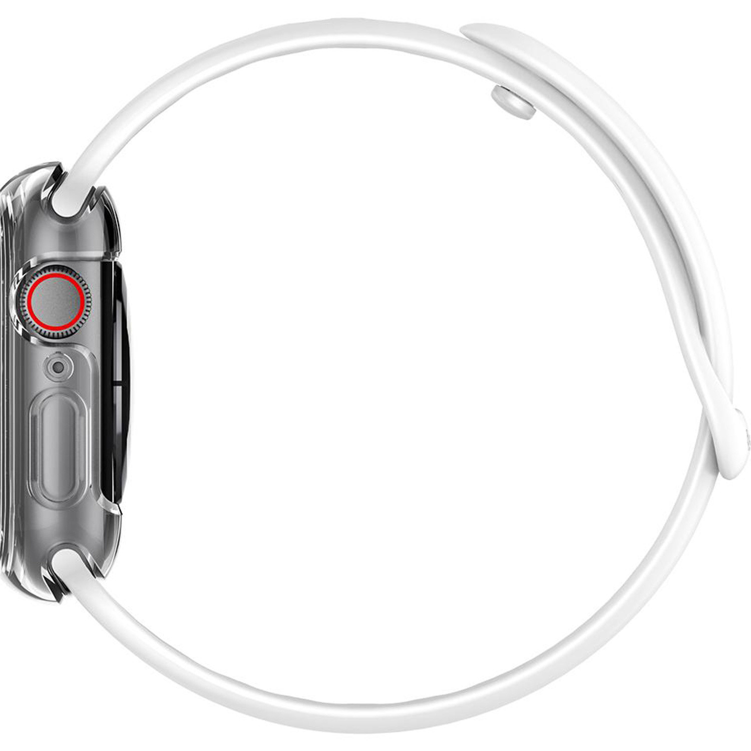 White Apple watch with a transparent case. Shows the side view.