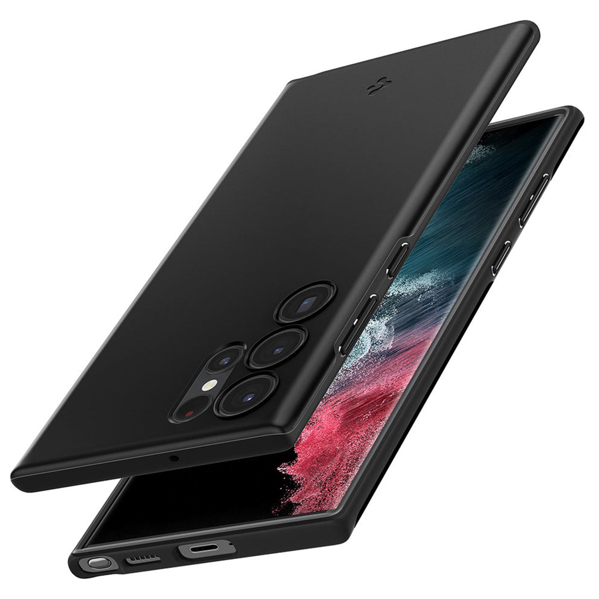 Custodia per telefono nera con un telefono nero all'interno. Il telefono ha 3 fotocamere.