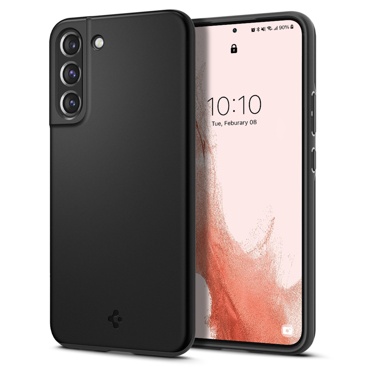 Téléphone noir dans un étui noir avec affichage de l'heure et de la date, avec trois lentilles de caméra à l'arrière.
