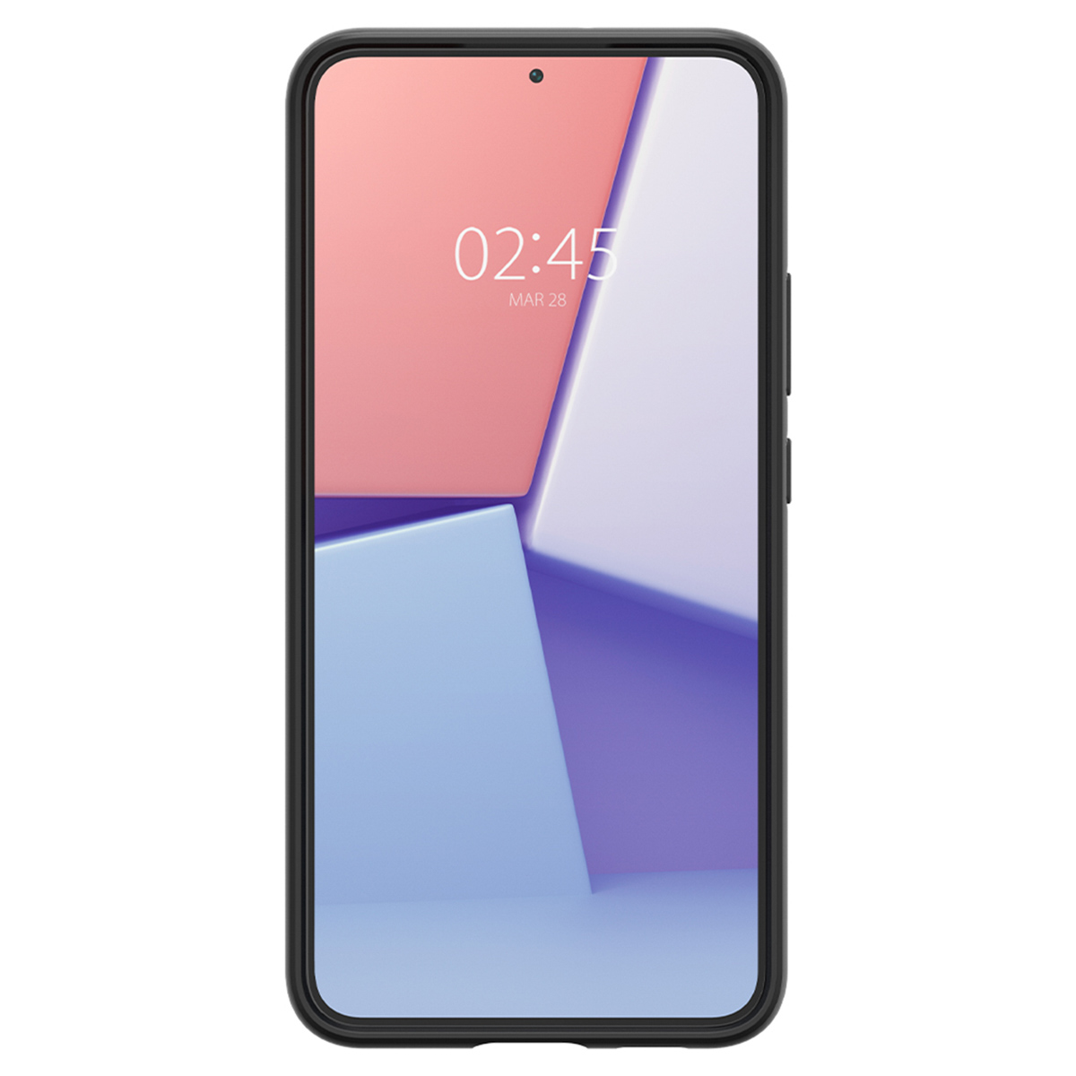 Écran de téléphone avec un design abstrait dans un étui. Heure affichée : 02:45, 28 mars.