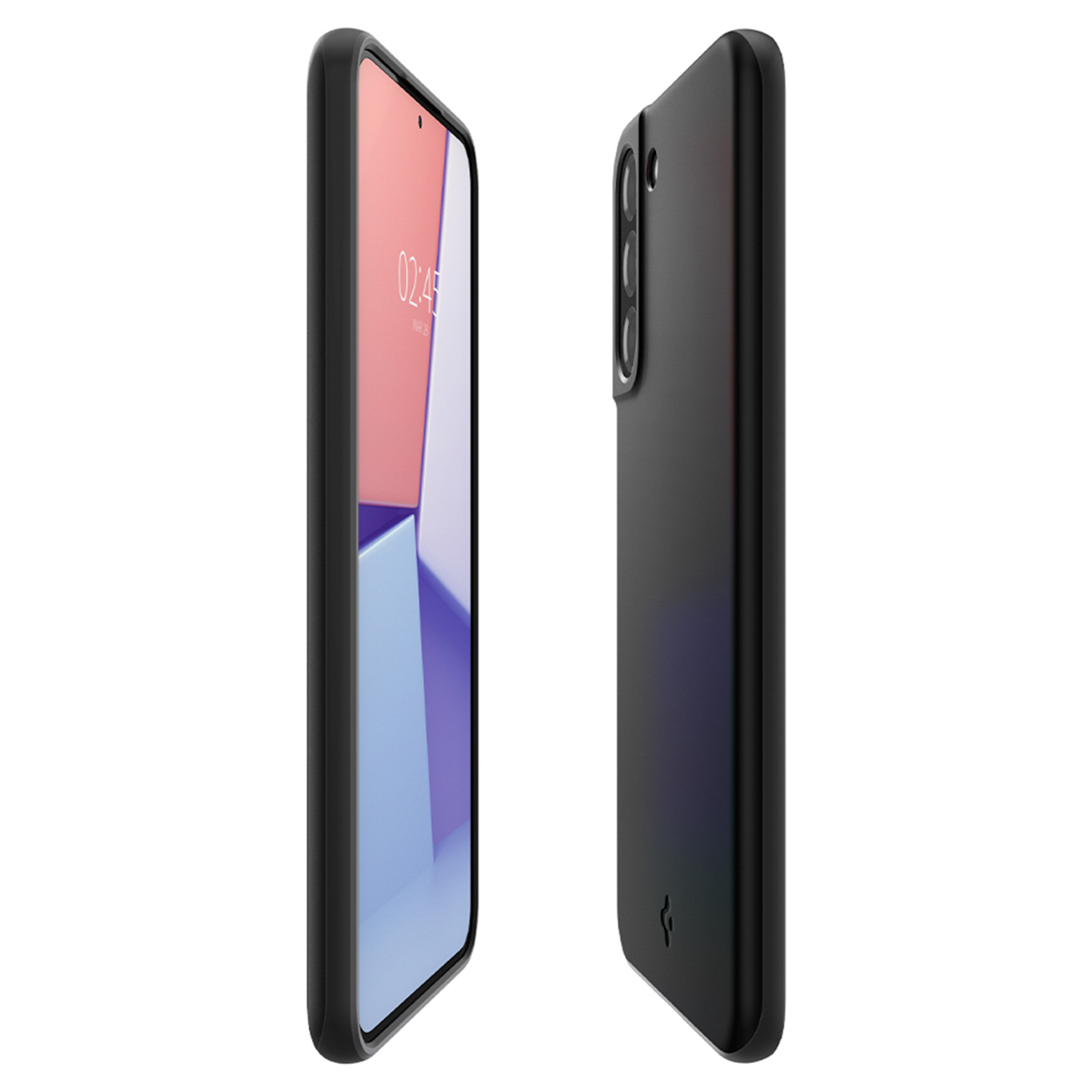 Deux smartphones noirs côte à côte. L'un montre l'écran, l'autre l'arrière.