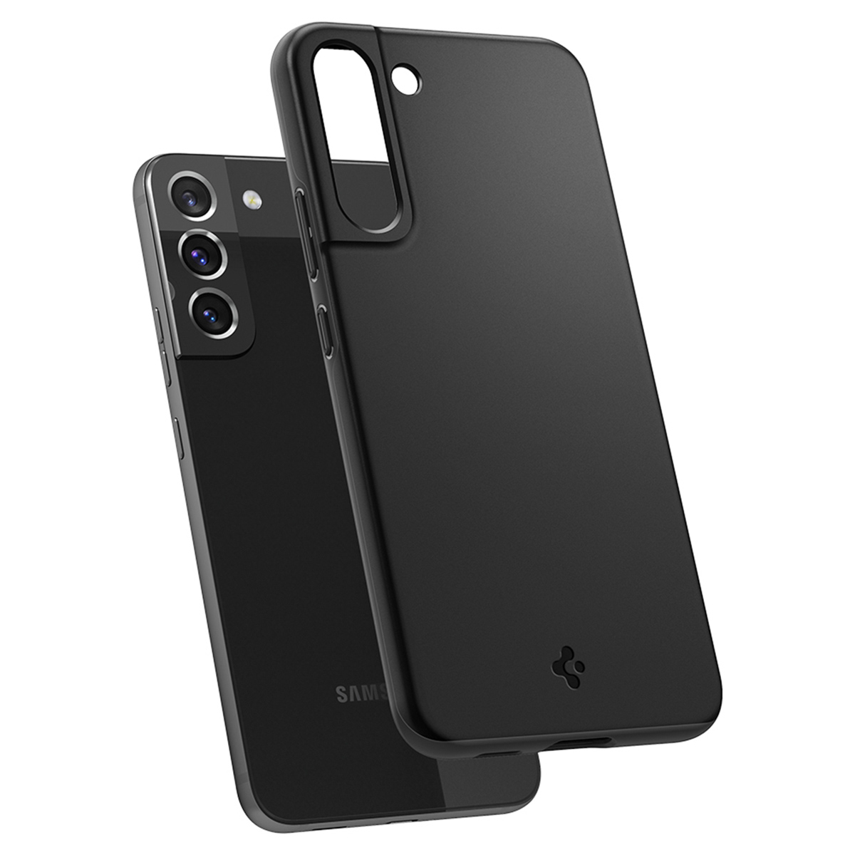 Un téléphone noir à côté d'une coque noire. La coque recouvre le téléphone.
