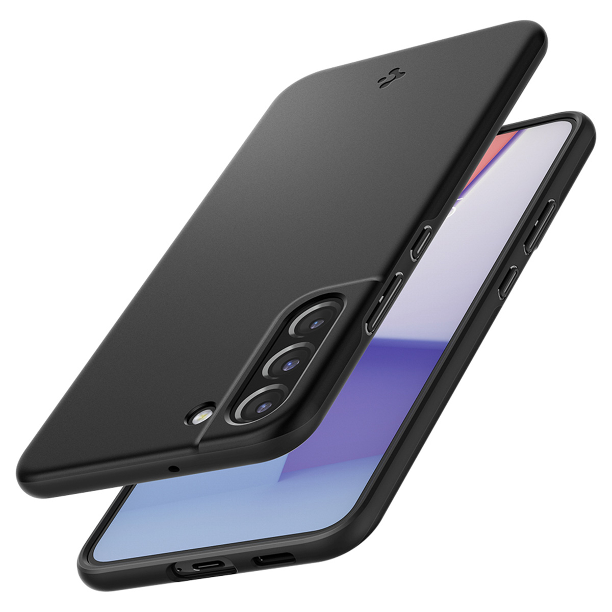 Coque de téléphone noire avec téléphone à l'intérieur. Le téléphone est bleu et a une caméra.