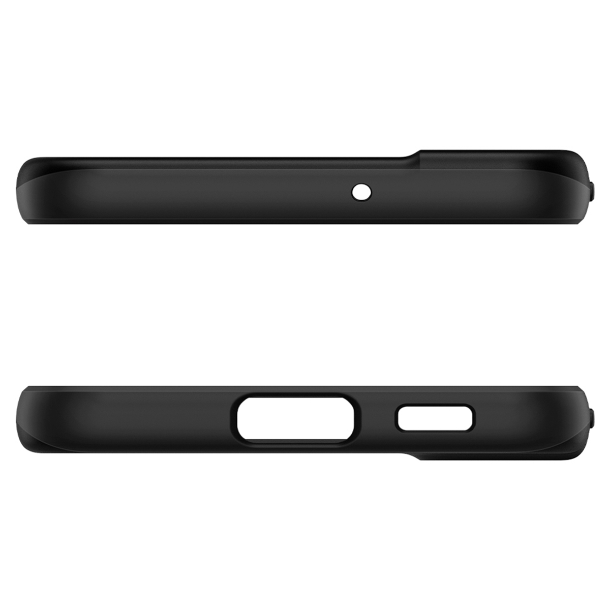 Deux parties noires d'une coque de téléphone, haut et bas, montrant les découpes.
