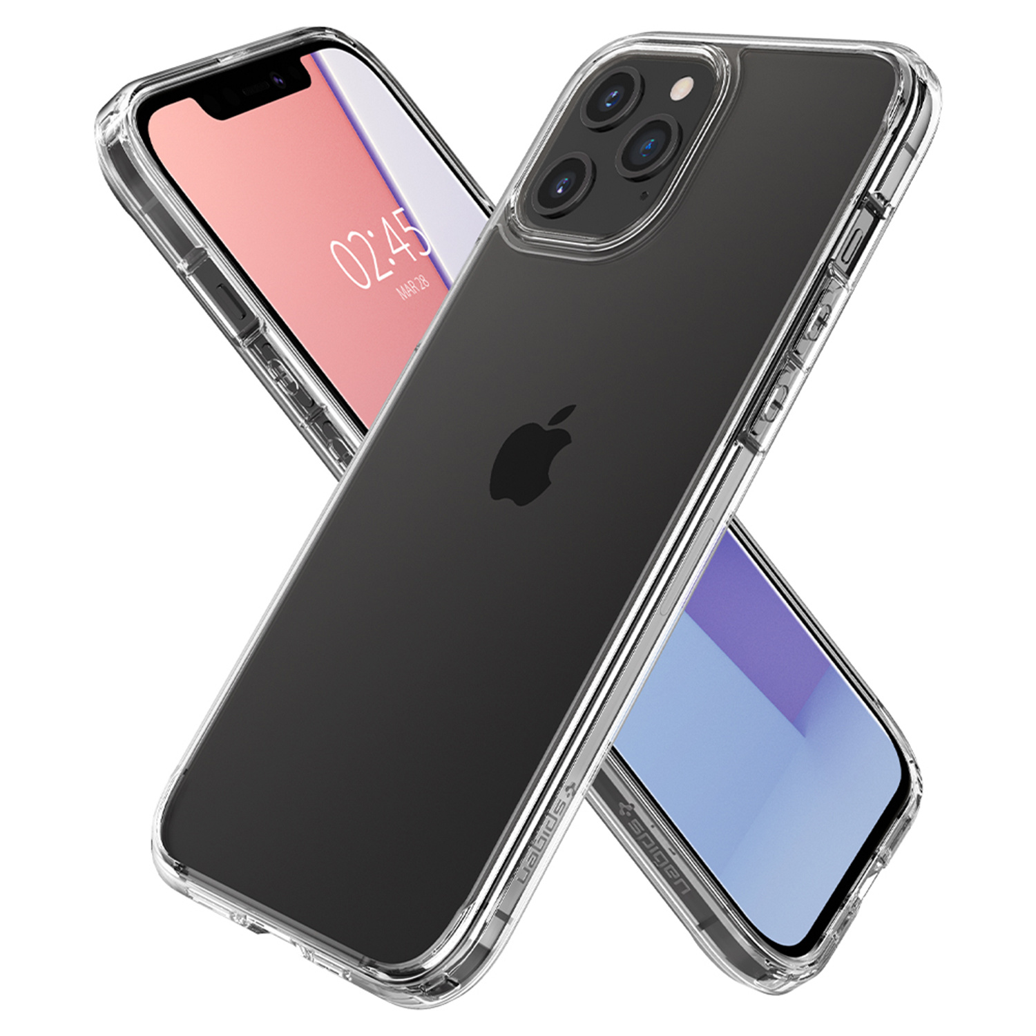 Custodia trasparente con telefono all'interno. Mostra il logo Apple. Un altro telefono dietro.