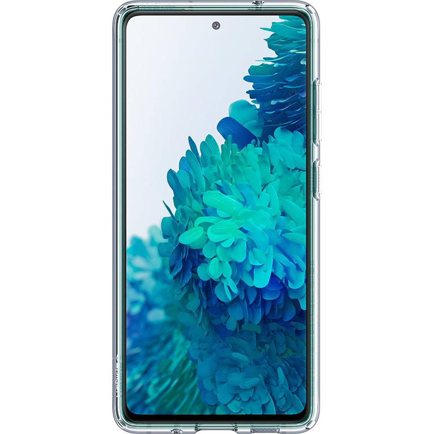 Telefoon in een doorzichtig hoesje. De telefoon toont een blauwgroene abstracte afbeelding.