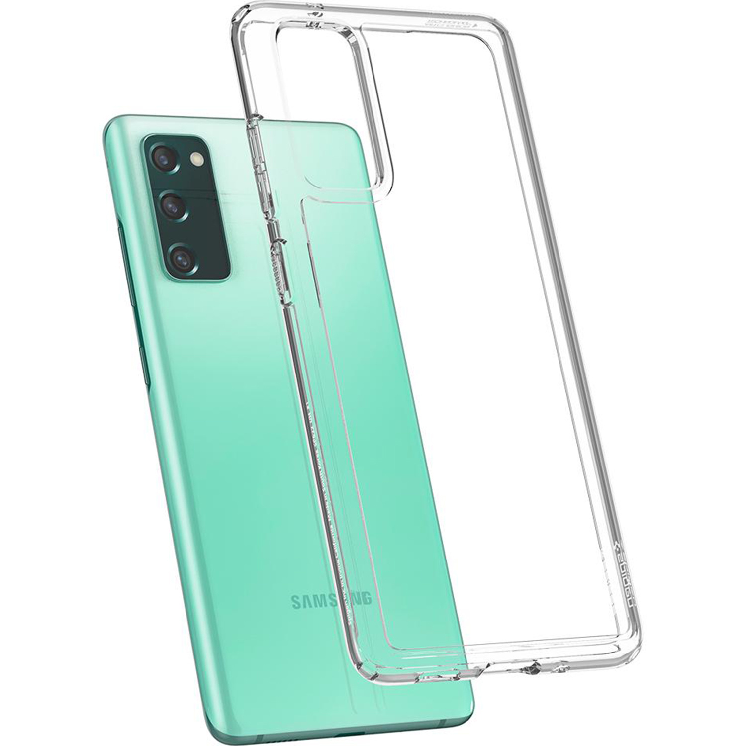 Een doorzichtige telefoonhoes over een mintgroene telefoon, met het Samsung-logo zichtbaar.