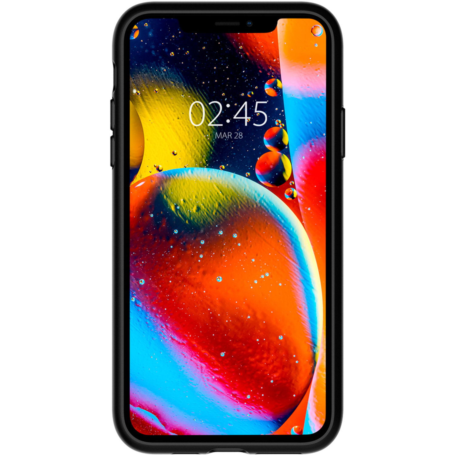 Telefono nero in custodia nera, sfondo astratto colorato. Data e ora visibili sullo schermo.