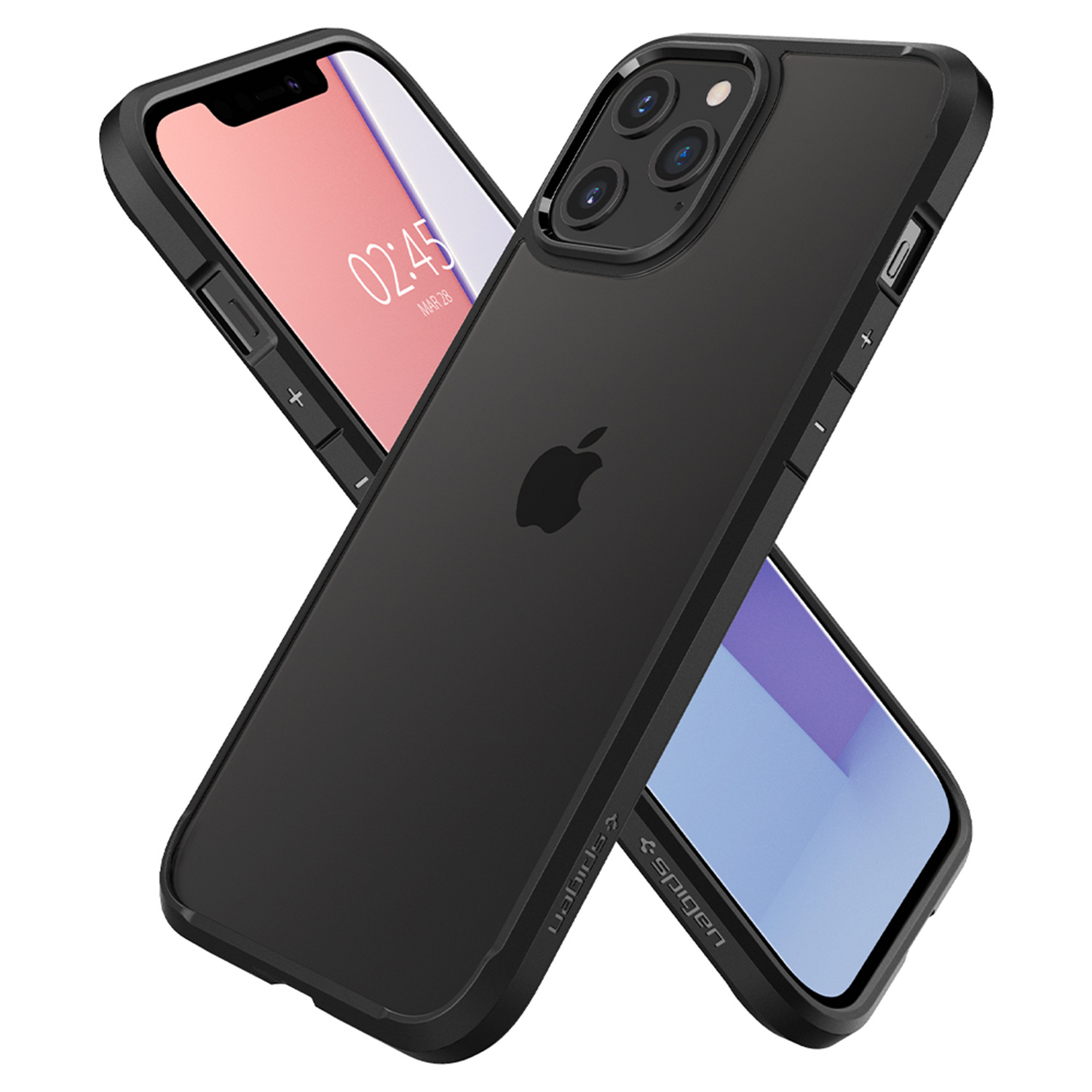 Due telefoni in custodie nere, uno mostra l'ora e l'altro uno sfondo blu e rosa.