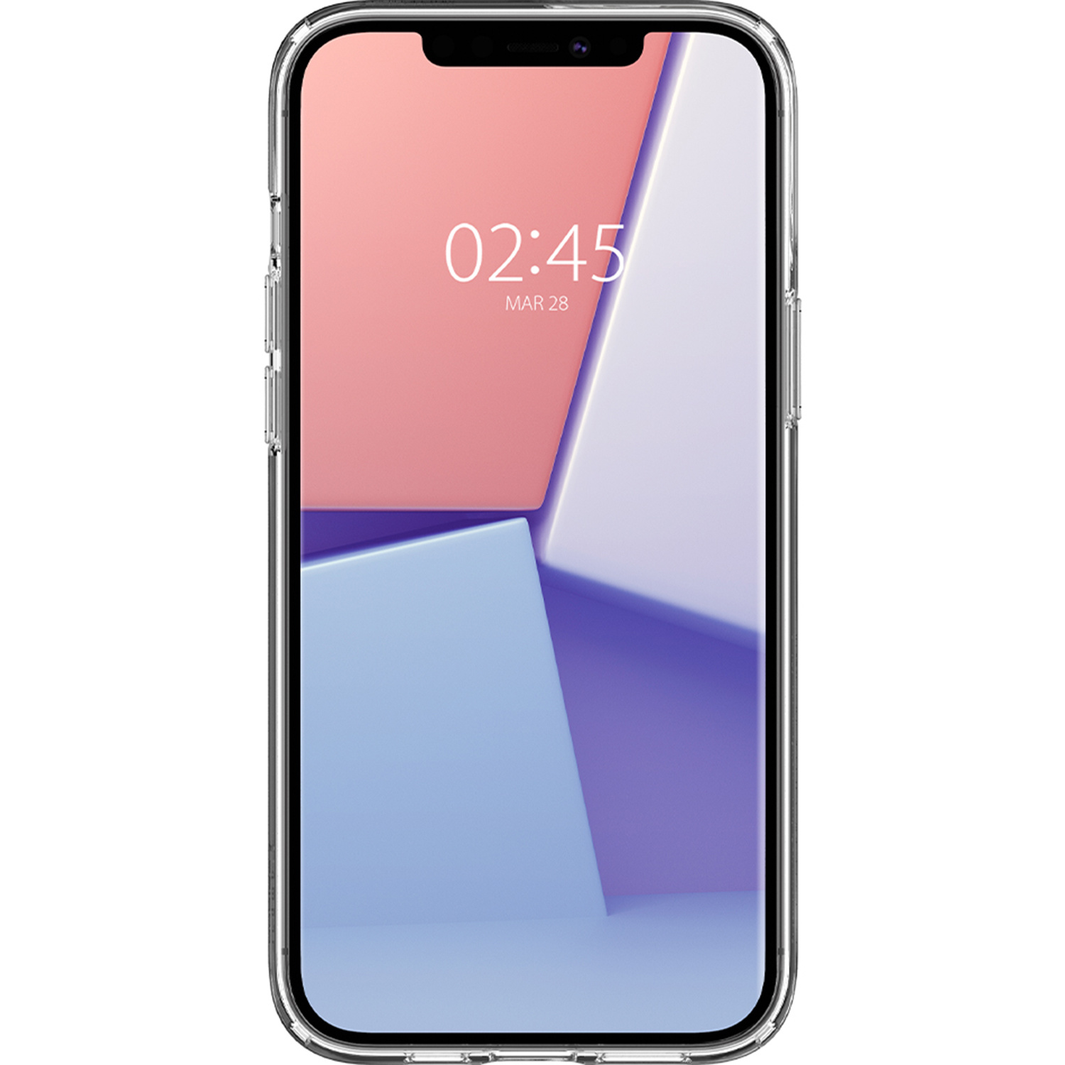 Custodia trasparente per telefono su un telefono con display colorato, che mostra ora e data.