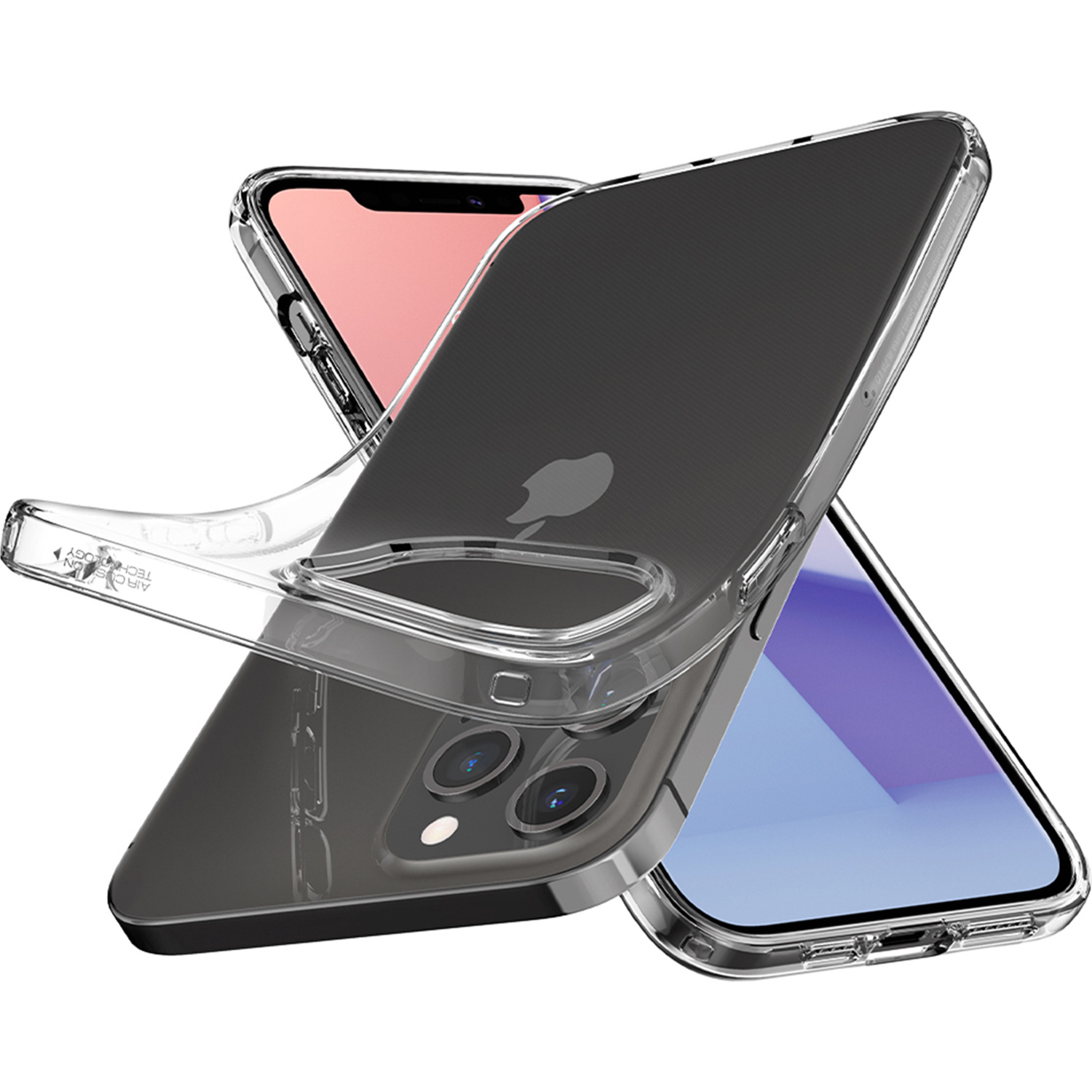 Custodia trasparente per telefono con due telefoni. Uno nero, l'altro rosa. Sfondo bianco, ben illuminato.
