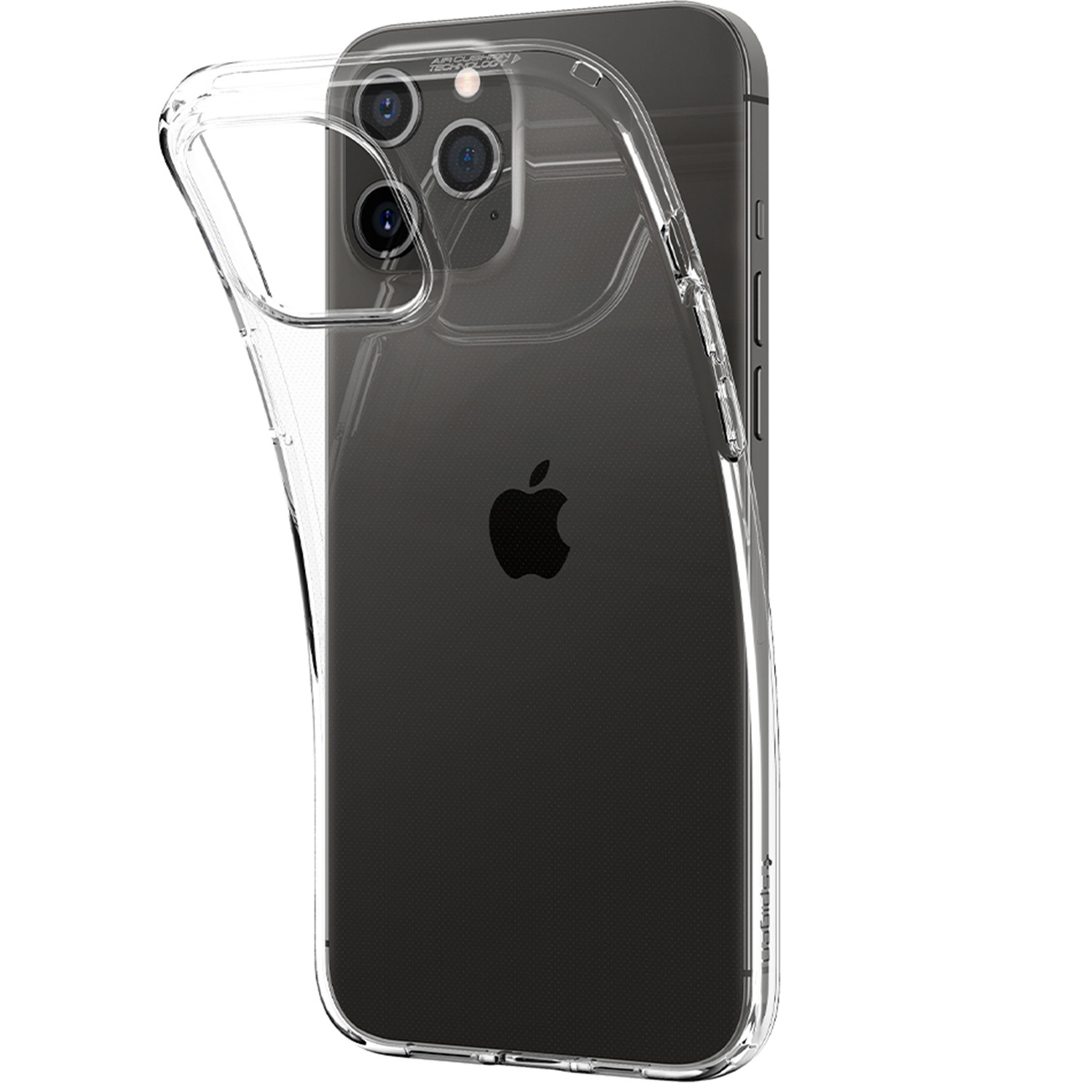 Custodia trasparente per telefono su un telefono. Mostra la parte posteriore del telefono con il logo Apple.