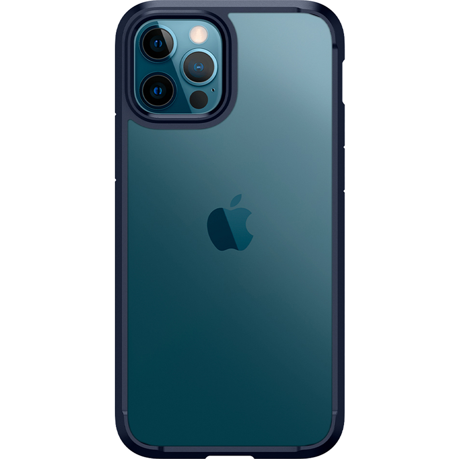 Téléphone avec un étui bleu. Le téléphone possède trois caméras et le logo Apple est visible.