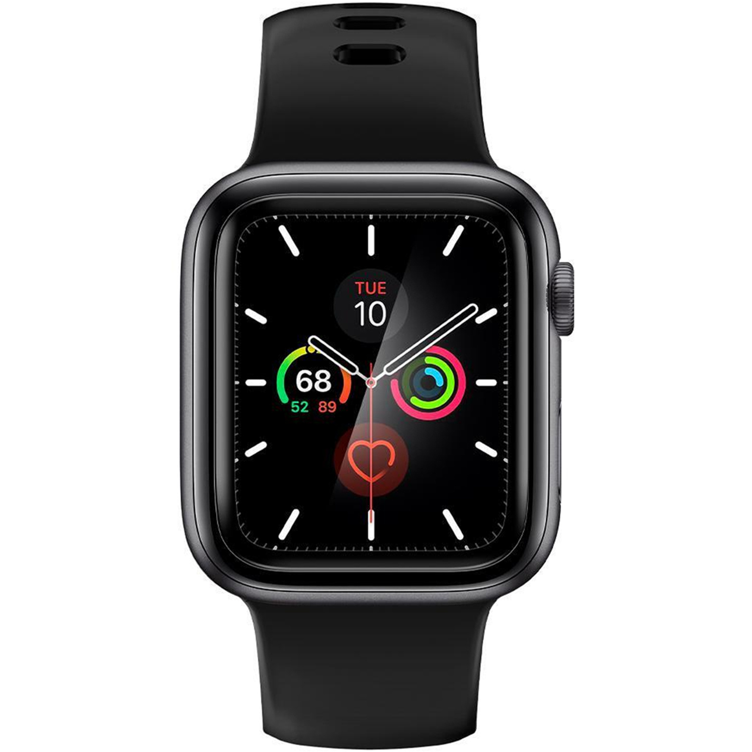 Reloj inteligente negro con esfera cuadrada. La pantalla muestra fecha, hora, frecuencia cardíaca y anillos de actividad.
