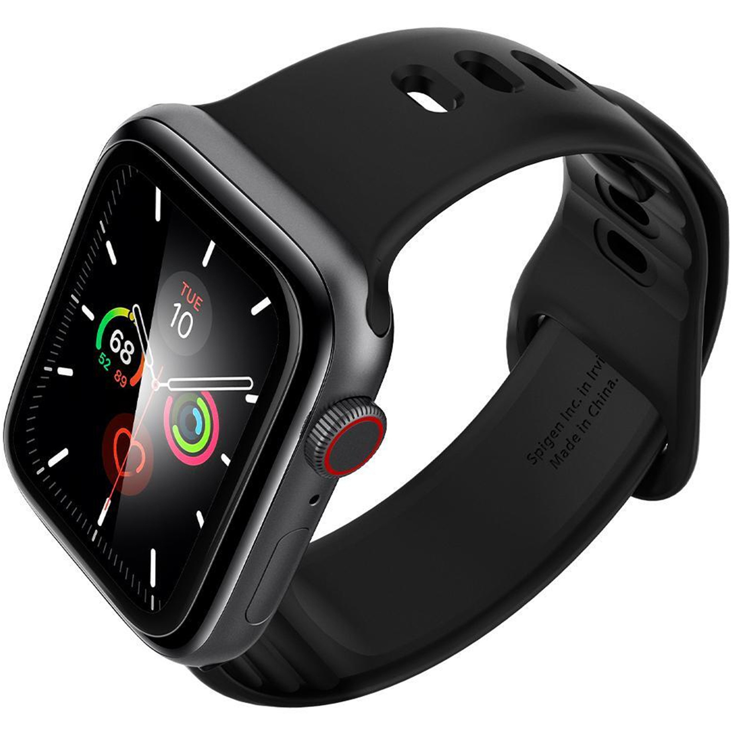 Un reloj inteligente negro con una correa negra. La esfera muestra la hora.